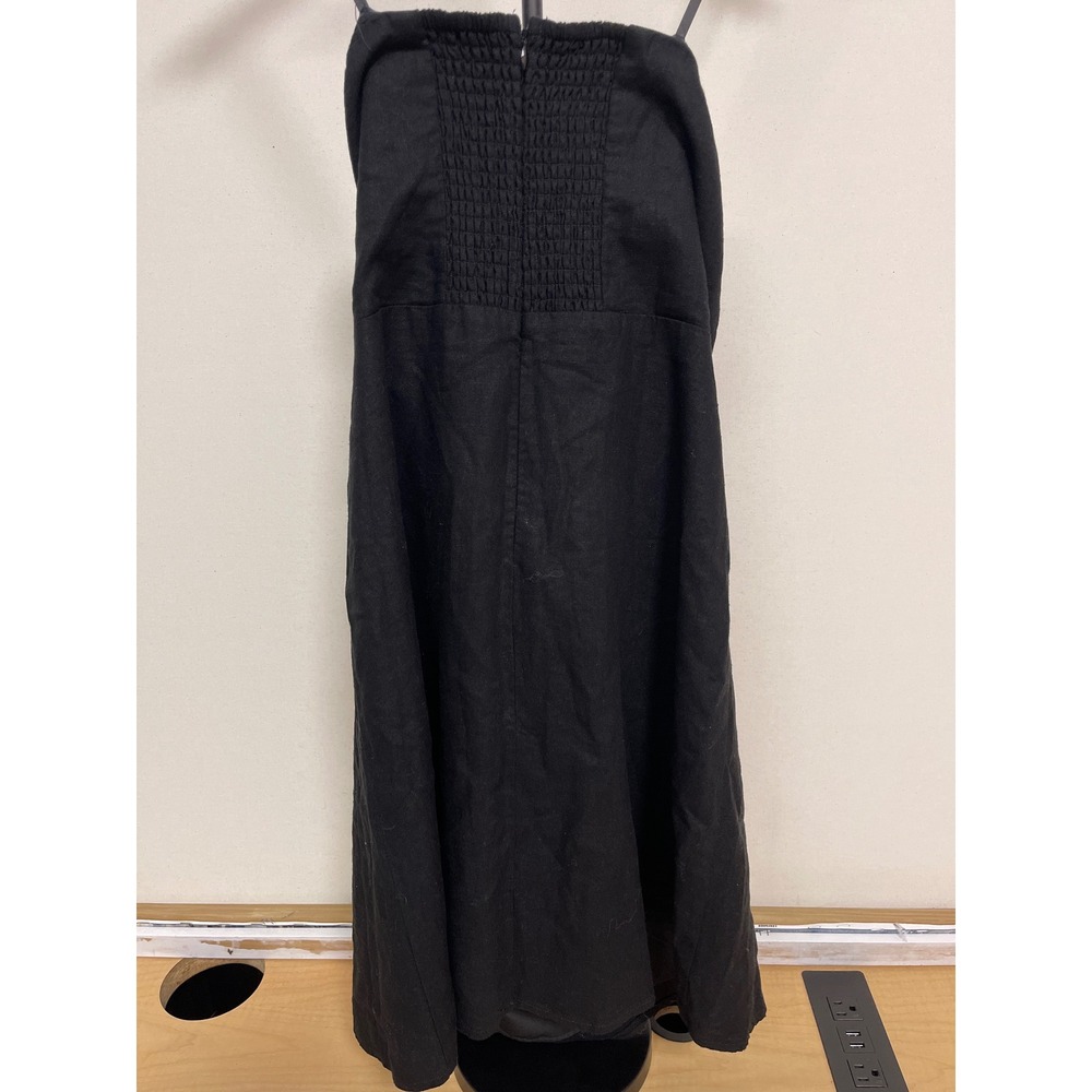 Black Strapless Smocked Back Linen Blend Midi Dress Solid Minimalist Summer
